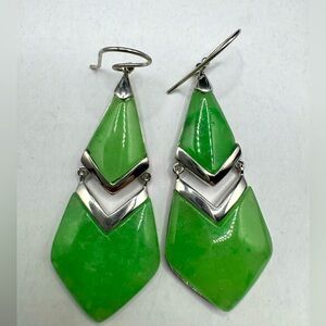 Green Jadeite White Silver Dangle Earring 32.30Ctw